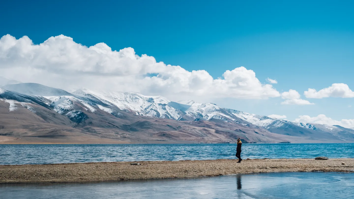 High altitude lake and mountain terrain similar to trans-Himalayan pilgrimage routes